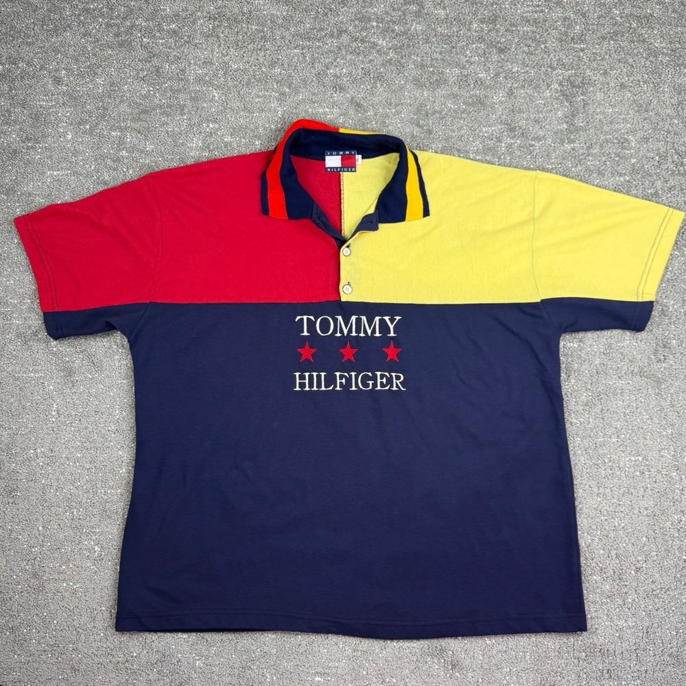 Vintage Tommy Hilfiger Polo Shirt Men's Navy Red Yellow Colorblock Embroidered